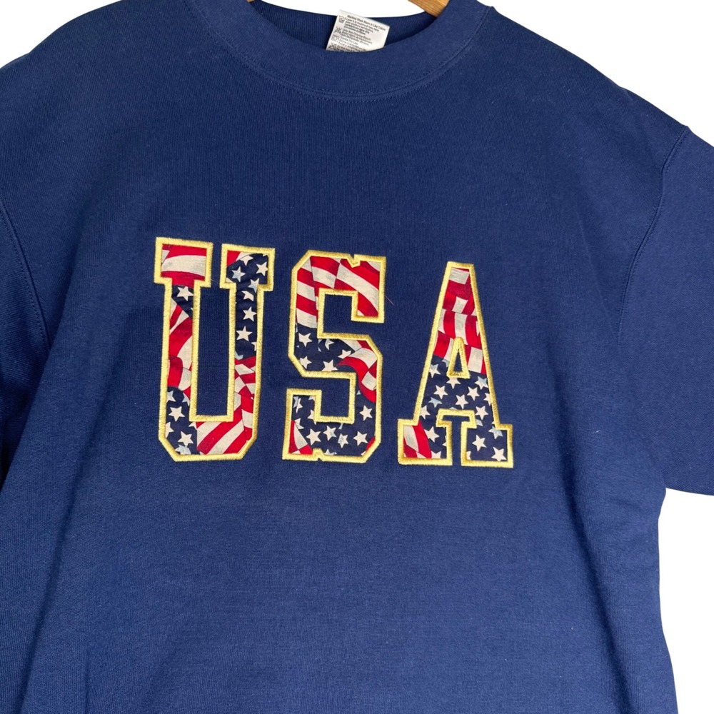 Vintage Oneita Power-Sweats USA Flag Applique Navy Blue Crewneck Sweatshirt M‎